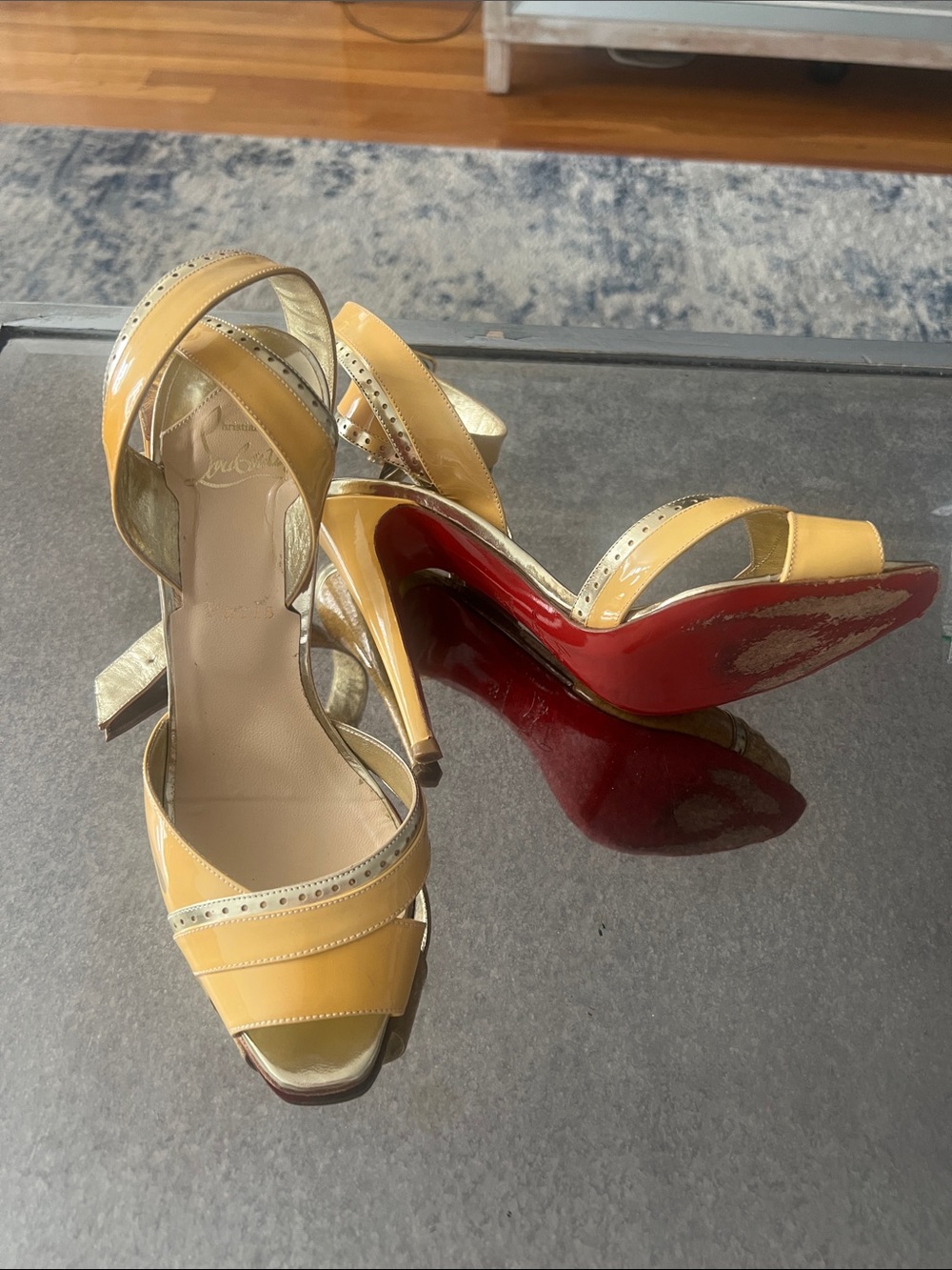 Christian Louboutin Yellow Patent Leather Open-Toe Heels with Red Sole